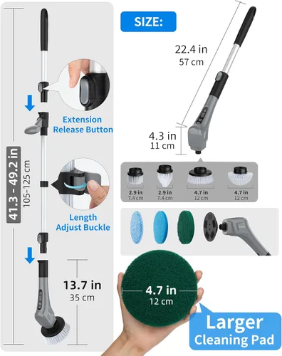 Miniatura 7 de MR.SIGA Limpiador eléctrico giratorio, cepillo de limpieza inalámbrico, limpiador de ducha con 7 cabezales de cepillo reemplazables, limpiador