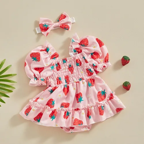 Miniatura 10 de Mameluco para bebés y niñas de 3, 6, 9, 12, 18 meses, enterizo de manga corta, fruncido, faldas y dobladillo, diadema