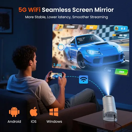 Miniatura 2 de Mini proyector con WiFi y Bluetooth, proyector de películas portátil con rotación de 180°, compatible con HD de 1080P, Keystone vertical automático