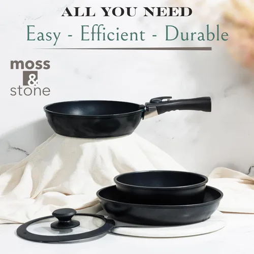 Miniatura 3 de Moss & Stone juego de 10 piezas de ollas y sartenes negras antiadherentes, juego de utensilios de cocina con mango desmontable, juego de cocina