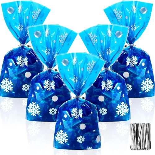 Outus 100 bolsas de regalo de Navidad con copos de nieve y Santa Claus, bolsas planas de celofán de plástico para pastelería, galletas, caramelos y