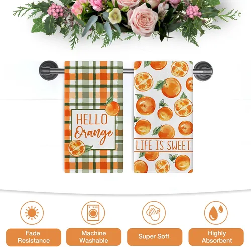 Miniatura 7 de Seliem Hello Orange - Juego de 2 paños de cocina de primavera y verano, Life is Sweet Mandarina y cítricos, toallas de mano para secar y hornear, a