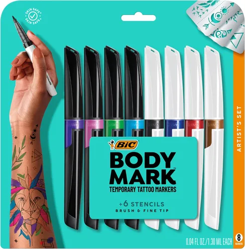 BIC BodyMark marcadores temporales de tatuaje para piel, juego de artista, punta mixta, paquete de 8 unidades de colores surtidos, seguros para la