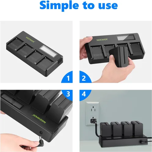 Miniatura 6 de Neewer Paquete de 4 baterías de repuesto de 7.4 V 6600 mAh NP-F970 con cargador de batería de 4 canales y adaptador de corriente, compatibles