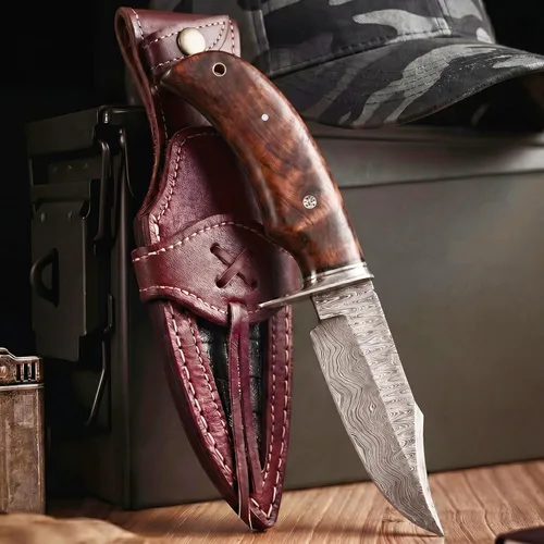 Miniatura 10 de BIGCAT ROAR Beast Hunter - Cuchillo de caza de hoja fija de acero de Damasco hecho a mano de 10" - Mango de madera de nogal y funda de cuero