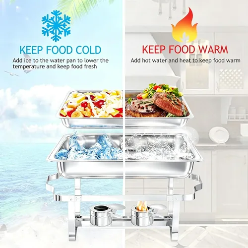 Miniatura 4 de Recipientes Calentadores para Buffet Paquete de 4, Juego de Recipientes Calentadores de Buffet de Acero Inoxidable de 9 Cuartos con Marco Plegable