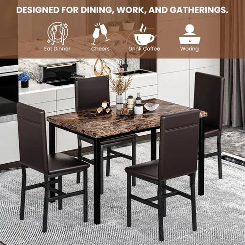 Miniatura 5 de Recaceik Juego de 4 mesas de comedor de 5 piezas para 4, juego de 4 sillas de mesa de cocina de mármol sintético, juego de mesa de cocina con 4