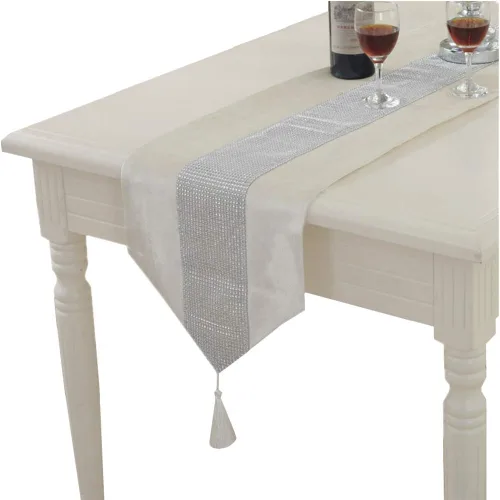 Miniatura 6 de TM - Camino de mesa para decoración de boda, con tira de diamantes y borlas, 13 x 72 pulgadas