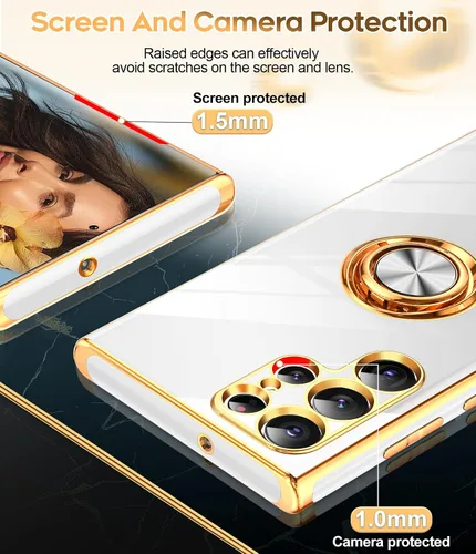 Miniatura 4 de LeYi Funda para Samsung Galaxy S22 Ultra con Soporte de Anillo Giratorio de 360°, Soporte Magnético con Patilla, Borde Protector Chapado en Oro Rosa
