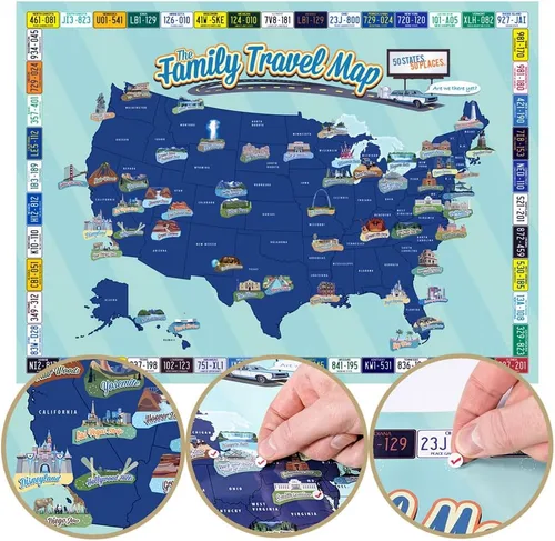 Map Your Travels Póster de viaje familiar | Seguimiento de cuántos estados visitaste | Seguimiento de visitas a los principales diseños de viaje