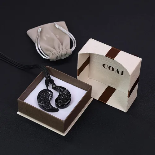 Miniatura 7 de COAI Collar con colgante de dragón obsidiana y fénix Yin Yang para parejas