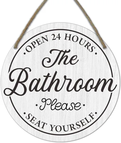 Miniatura 8 de Divertidos letreros decorativos para baño, con texto en inglés «Bathroom Open 24 Hours Please Seat Yourself», letrero colgante de madera rústica