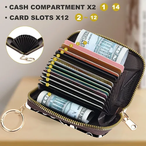 Miniatura 4 de Tarjetero de crédito para mujer, pequeña cartera RFID con cierre de llavero, bonita cartera de piel sintética, Huellas de patas en blanco y negro