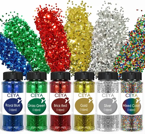 Ceya Purpurina gruesa a granel de 6 colores surtidos, 4.23 onzas cada tarro para manualidades de purpurina navideña, lentejuelas de uñas de tamaño