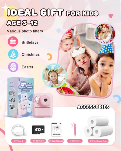 Miniatura 7 de JOYJAM Cámara para niños con impresión instantánea, cámara digital de selfie de doble lente mejorada para niños, HD 1080P, juguetes de regalo