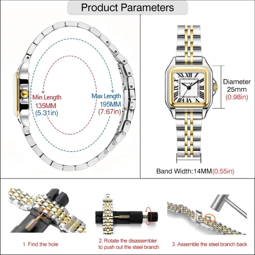 Miniatura 6 de Classic Relojes cuadrados de mujer con números romanos, de vestir, informal