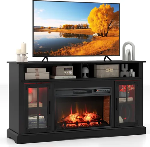 Miniatura 11 de Tangkula - Soporte de TV de esquina con chimenea y luces LED y control inteligente por APP para TV de 50 pulgadas, centro de entretenimiento con Gris