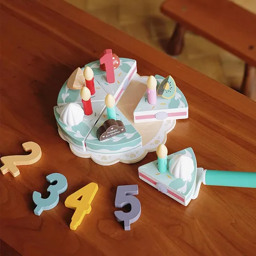 Miniatura 7 de Juego de comida de madera para jugar a pastel de cumpleaños, juego de fiesta de té para niños pequeños, juegos de accesorios de cocina Montessori