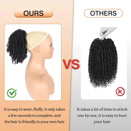 Miniatura 3 de Extensiones de cola de caballo de rastas para mujer, cola de caballo con cordón negro con extremos rizados, rastas sintéticas de diosa, extensiones