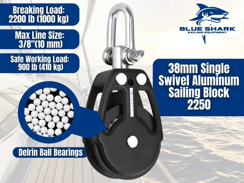 Miniatura 2 de Blue Shark Bloque giratorio único de 88.583-1.496 in - Línea máxima: 3/8" (10 mm), carga de trabajo segura (SWL): 900 libras, carga de rotura: 2200