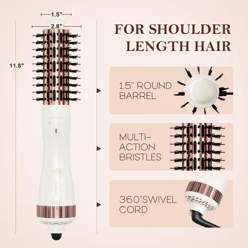 Miniatura 2 de Secador de cepillo redondo de 1.5 pulgadas (2.8 pulgadas más cerdas) de doble voltaje (110 ~ 250 V) para cabello largo de hombro, cepillo secador