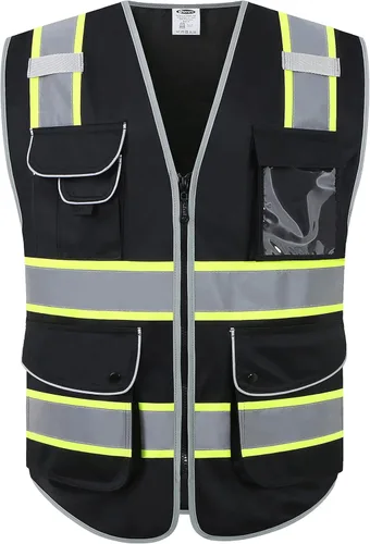 JKSafety Chaleco de seguridad de alta visibilidad con cremallera frontal, 9 bolsillos, color negro, tiras amarillas fluorescentes que delinean las