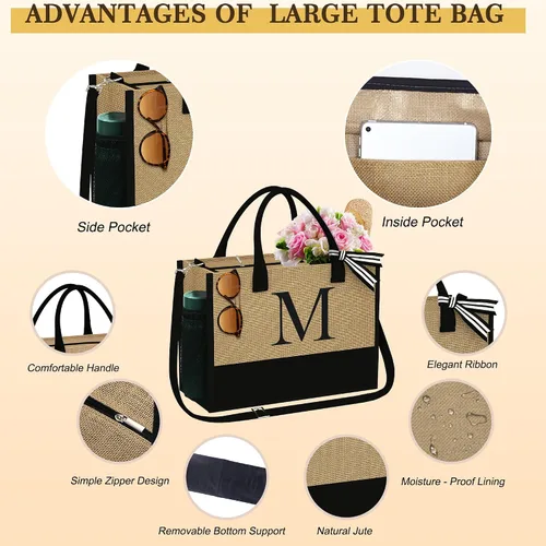 Miniatura 4 de YOOLIFE Regalos para mujeres, bolsa de yute con inicial y 2 bolsas de maquillaje, regalos personalizados para mujeres, profesores, mamá, amiga