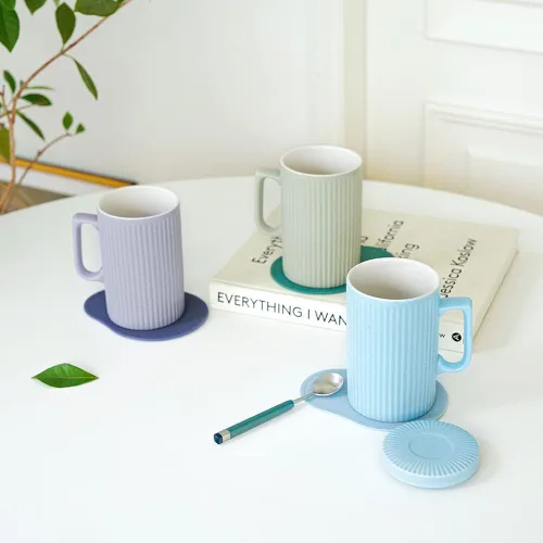Miniatura 3 de Taza de café con tapa, taza de café de 16 onzas y taza de té con posavasos, adecuada para lavavajillas y microondas (azul)