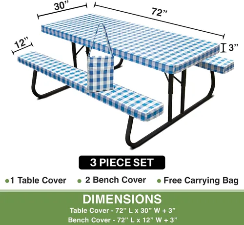 Miniatura 7 de Funda de mesa de picnic con fundas de banco, 500 GSM, reutilizable, de vinilo resistente, para exteriores, mantel de picnic impermeable con funda