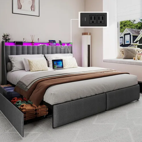 Miniatura 10 de Marco de cama tamaño completo con 4 cajones de almacenamiento y luces LED, marco de cama tamaño completo con cabecera tapizada y estación de carga