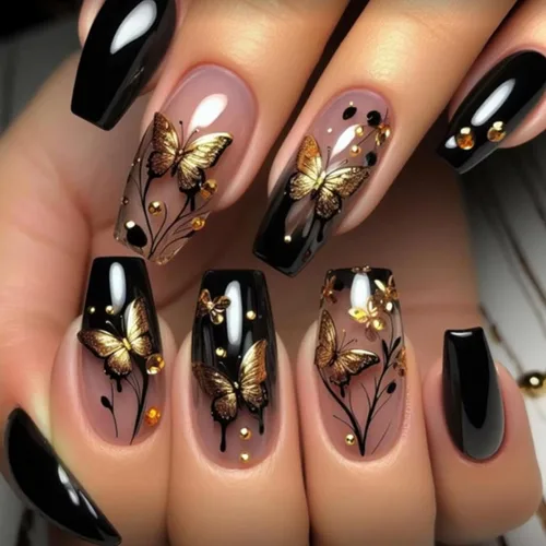 Miniatura 27 de MISUD Uñas postizas a presión – Uñas postizas largas con punta francesa negra, diseño de diamantes de imitación verde acrílico, 24 piezas 01702verde