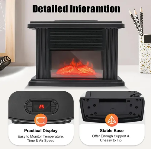 Miniatura 7 de Calentador eléctrico de chimenea, 1000 W, pequeña estufa de chimenea infrarroja independiente con temporizador de velocidad de 3 velocidades, efecto