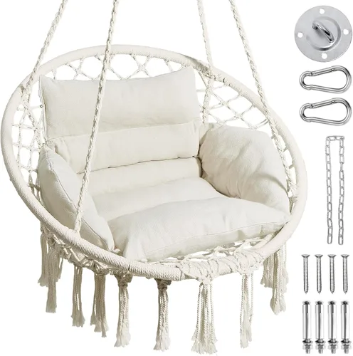 Greenstell Silla tipo hamaca, columpio de macramé con cómodo cojín, silla colgante bohemia para exteriores e interiores, perfecta para dormitorio,