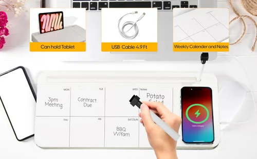 Miniatura 3 de NEXTLUXE - Pizarra blanca de cristal con cargador inalámbrico, pizarra blanca de escritorio con almacenamiento, planificador semanal, almohadilla