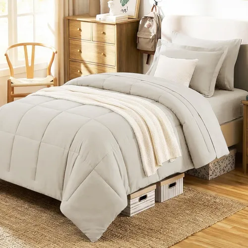 CozyLux Juego de edredón tamaño individual XL, color beige, juego de cama de 5 piezas individual XL, juego de ropa de cama suave extra largo para