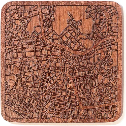 Miniatura 145 de Posavasos Amsterdam Map by O3 Design Studio, 1 pieza, posavasos de madera Sapele con mapa de la ciudad, hecho a mano, varias ciudades opcionales