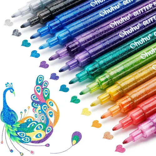 Ohuhu Rotuladores de Purpurina: 12 Colores de Purpurina Metálico Brillante Marcador de Punta Fina Tinta a Base de Agua para Niños y Adultos