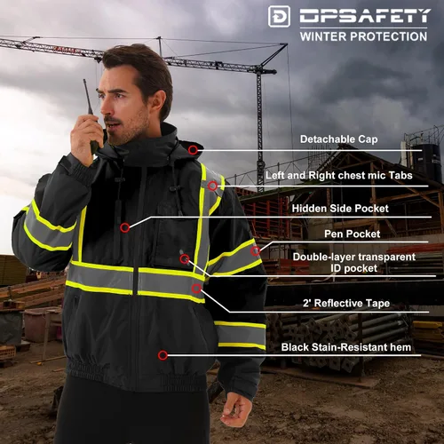 Miniatura 5 de Chaqueta de seguridad DPSAFETY, Parka reflectante de alta visibilidad, Chaqueta bomber de alta visibilidad con bolsillos y cremallera, Oscuro