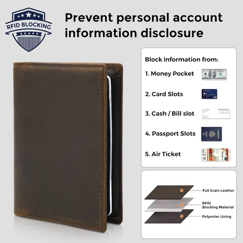 Miniatura 3 de Cartera de viaje para pasaporte para hombre, funda de pasaporte de cuero, con bloqueo Rfid, soporte para pasaporte para parejas, para 2, Porta