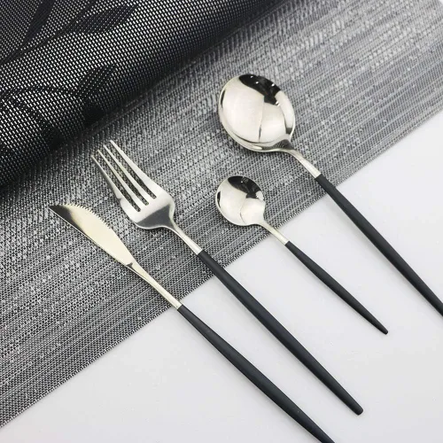 Miniatura 2 de JASHII Juego de cubiertos negros y plateados, cubiertos de acero inoxidable con acabado satinado, 20 piezas, utensilios de cocina, cubiertos pulidos
