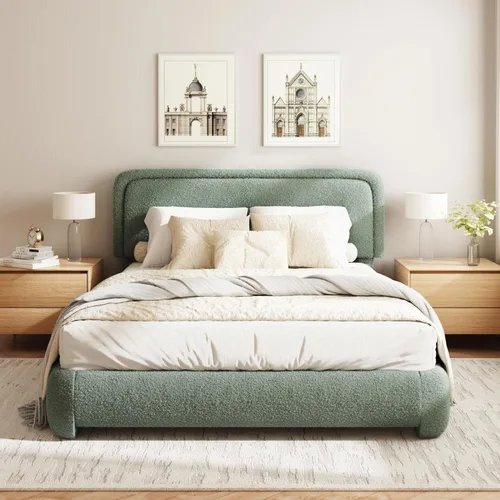 Miniatura 21 de Base de cama Boucle tamaño King, plataforma tapizada en nube con cabecero ajustable en altura y esquinas redondeadas suaves, no necesita somier, sin