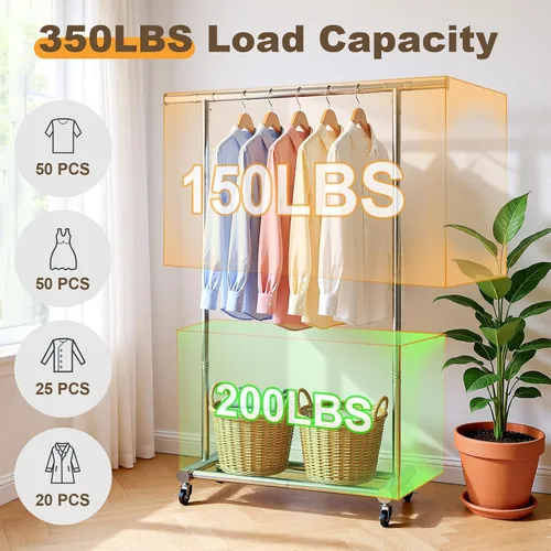 Miniatura 3 de TigerParty Perchero para colgar ropa, perchero de ropa resistente de acero inoxidable, perchero rodante extensible y ajustable con ruedas