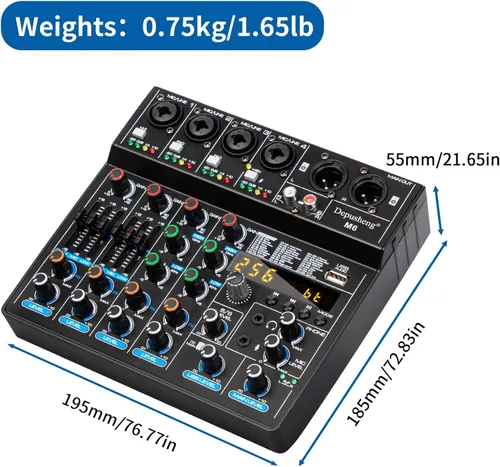 Miniatura 8 de Depusheng M6 Mezclador DJ portátil de 6 canales con Bluetooth, consola de mezcla de sonido MP3 incorporada con 256 efectos digitales, 48V Phantom