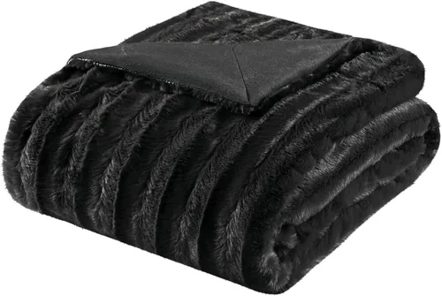 Madison Park Duke - Manta larga de piel sintética de lujo, suave y acogedora, para cama, entrenador o sofá, 50 x 60 pulgadas, color negro