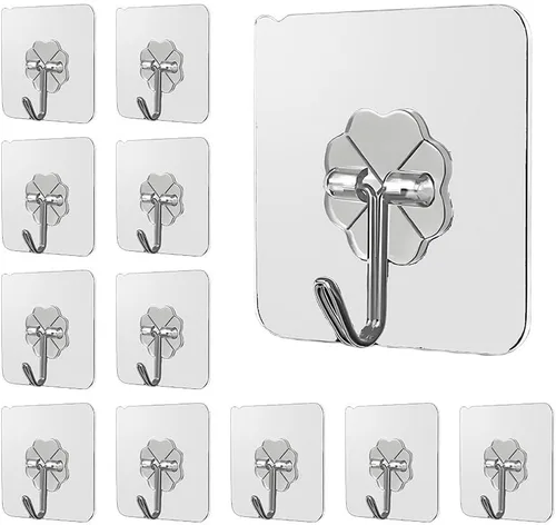 Paquete de 12 ganchos autoadhesivos resistentes – transparentes, impermeables, ganchos de pared adhesivos para llaves, baño, ducha, exterior, Claro
