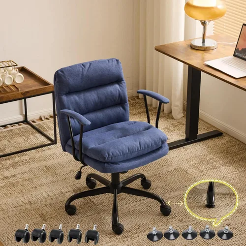 Miniatura 11 de VINGLI Silla de escritorio acolchada blanca con/sin ruedas, base doble, reposabrazos removibles, silla giratoria ajustable y cómoda para Blanco