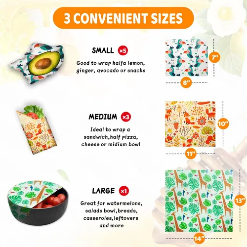 Miniatura 2 de Envoltura de cera de abeja reutilizable, paquete de 9, envolturas de cera de abejas ecológicas para alimentos, orgánica, sostenible, biodegradable