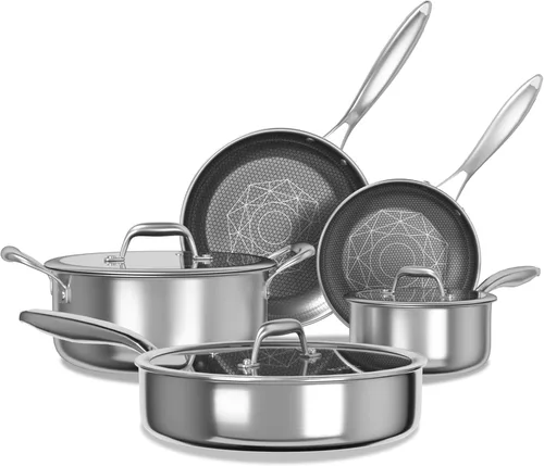 COOKER KING Juego de utensilios de cocina de acero inoxidable, juego de 8 ollas y sartenes, utensilios de cocina de cerámica híbrida, sartenes