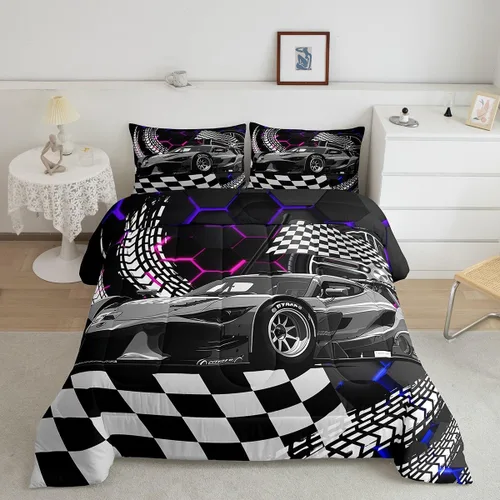 Miniatura 40 de Erosebridal Juego de edredón individual de motocicleta de carreras para niños, juego de ropa de cama de panal con luces de neón azules, motocross