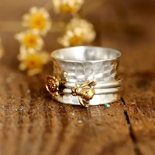 Miniatura 4 de Anillo giratorio de girasol y abeja para mujer, plata de ley 925, Boho-Magic